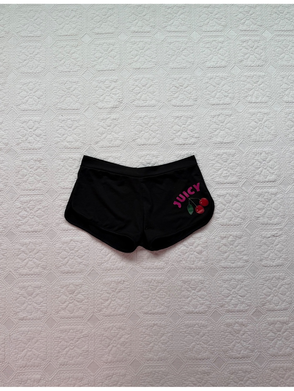 Juicy Black Athletic Shorts with Cherry Logo, Size Medium